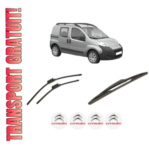 Set 3 stergatoare CITROEN NEMO MPV din 2009-2010, pentru parbriz si luneta fata si spate auto, Bosch Twin-Aerotwin, din cauciuc siliconat rezistent, 4 Stickere Auto CITROEN