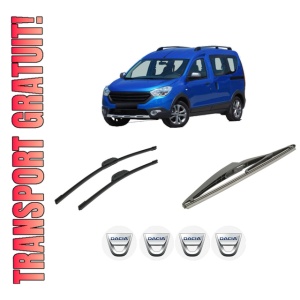 Set 3 stergatoare DACIA DOKKER MPV (KE_) din 2012-2021, pentru parbriz si luneta fata si spate auto, Bosch Twin-Aerotwin Retrofit, din cauciuc siliconat rezistent, 4 Stickere Auto DACIA