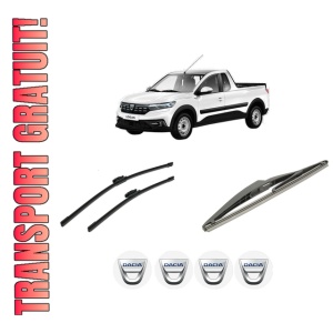 Set 3 stergatoare DACIA DOKKER Pickup din 2017-2021, pentru parbriz si luneta fata si spate auto, Bosch Twin-Aerotwin, din cauciuc siliconat rezistent, 4 Stickere Auto DACIA