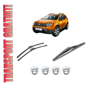 Set 3 stergatoare DACIA DUSTER SUV Van din 2011-2018, pentru parbriz si luneta fata si spate auto, Bosch Twin-Aerotwin Retrofit, din cauciuc siliconat rezistent, 4 Stickere Auto DACIA