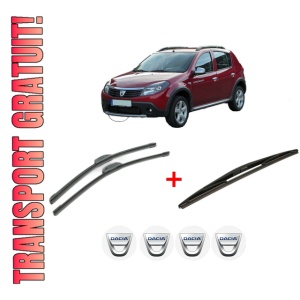 Set 3 stergatoare DACIA SANDERO din 2008 - 2013, pentru parbriz si luneta fata si spate auto, Bosch Twin, din cauciuc siliconat rezistent, 4 Stickere Auto DACIA