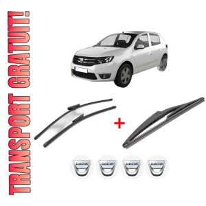 Set 3 stergatoare DACIA SANDERO II din 2012, pentru parbriz si luneta fata si spate auto, Valeo Silencio, din cauciuc siliconat rezistent, 4 Stickere Auto DACIA