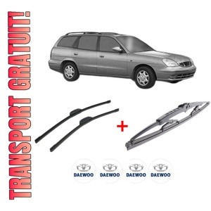 Set 3 stergatoare DAEWOO NUBIRA Estate (J150) din 1999 - 2002, pentru parbriz si luneta fata si spate auto, Bosch Twin, din cauciuc siliconat rezistent, 4 Stickere Auto DAEWOO