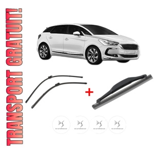 Set 3 stergatoare DS DS 5 (KF_) din 2015 - 2018, pentru parbriz si luneta fata si spate auto, Valeo Silencio, din cauciuc siliconat rezistent, 4 Stickere Auto DS