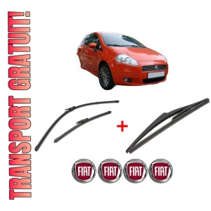 Set 3 stergatoare FIAT PUNTO (199_) din 2005 - 2015, pentru parbriz si luneta fata si spate auto, Valeo Silencio, din cauciuc siliconat rezistent, 4 Stickere Auto FIAT