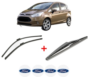 Set 3 stergatoare FORD B-MAX (JK) din 2012, pentru parbriz si luneta fata si spate auto, Bosch Twin, din cauciuc siliconat rezistent, 4 Stickere Auto FORD v8891
