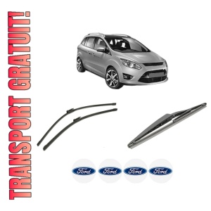 Set 3 stergatoare FORD C-MAX II (DXA/CB7, DXA/CEU) din 2010-2019, pentru parbriz si luneta fata si spate auto, Bosch Twin-Aerotwin, din cauciuc siliconat rezistent, 4 Stickere Auto FORD