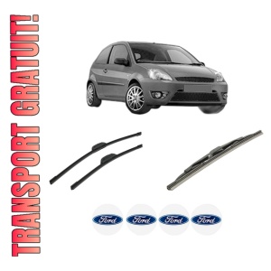 Set 3 stergatoare FORD FIESTA V Van din 2002-2010, pentru parbriz si luneta fata si spate auto, Bosch Twin-Aerotwin Retrofit, din cauciuc siliconat rezistent, 4 Stickere Auto FORD