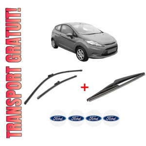 Set 3 stergatoare FORD FIESTA VI (CB1, CCN) din 2008 - 2018, pentru parbriz si luneta fata si spate auto, Valeo Silencio, din cauciuc siliconat rezistent, 4 Stickere Auto FORD