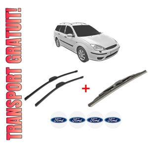 Set 3 stergatoare FORD FOCUS I Estate Van (DNW) din 1998 - 2005, pentru parbriz si luneta fata si spate auto, Bosch Twin, din cauciuc siliconat rezistent, 4 Stickere Auto FORD