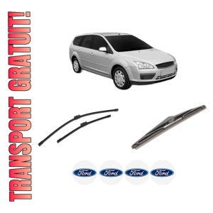 Set 3 stergatoare FORD FOCUS II Estate Van din 2004-2011, pentru parbriz si luneta fata si spate auto, Bosch Twin-Aerotwin, din cauciuc siliconat rezistent, 4 Stickere Auto FORD