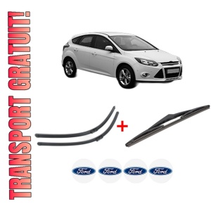 Set 3 stergatoare FORD FOCUS III Hatchback Van din 2011 - 2020, pentru parbriz si luneta fata si spate auto, Bosch Twin, din cauciuc siliconat rezistent, 4 Stickere Auto FORD