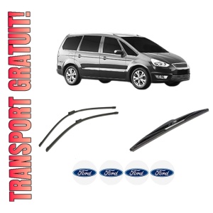 Set 3 stergatoare FORD GALAXY MK II VAN (WA6) din 2006-2015, pentru parbriz si luneta fata si spate auto, Bosch Twin-Aerotwin, din cauciuc siliconat rezistent, 4 Stickere Auto FORD