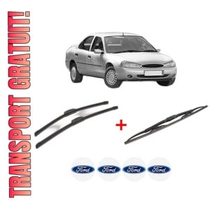 Set 3 stergatoare FORD MONDEO II Saloon (BFP) din 1996 - 2000, pentru parbriz si luneta fata si spate auto, Bosch Twin, din cauciuc siliconat rezistent, 4 Stickere Auto FORD