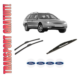 Set 3 stergatoare FORD MONDEO II Turnier (BNP) din 1996-2000, pentru parbriz si luneta fata si spate auto, Bosch Twin-Aerotwin Retrofit, din cauciuc siliconat rezistent, 4 Stickere Auto FORD