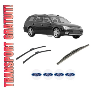 Set 3 stergatoare FORD MONDEO III Turnier (BWY) din 2000-2007, pentru parbriz si luneta fata si spate auto, Bosch Twin-Aerotwin Retrofit, din cauciuc siliconat rezistent, 4 Stickere Auto FORD