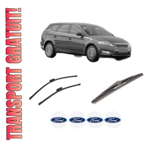 Set 3 stergatoare FORD MONDEO IV Turnier (BA7) din 2007-2015, pentru parbriz si luneta fata si spate auto, Bosch Twin-Aerotwin Multi, din cauciuc siliconat rezistent, 4 Stickere Auto FORD