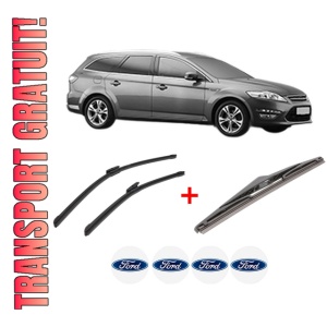 Set 3 stergatoare FORD MONDEO IV Van din 2007 - 2014, pentru parbriz si luneta fata si spate auto, Bosch Twin, din cauciuc siliconat rezistent, 4 Stickere Auto FORD