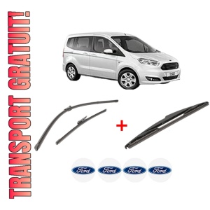 Set 3 stergatoare FORD TOURNEO COURIER B460 MPV din 2014 - 2023, pentru parbriz si luneta fata si spate auto, Valeo Silencio, din cauciuc siliconat rezistent, 4 Stickere Auto FORD