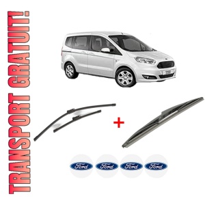 Set 3 stergatoare FORD TOURNEO COURIER B460 MPV din 2014 - 2023, pentru parbriz si luneta fata si spate auto, Bosch Twin, din cauciuc siliconat rezistent, 4 Stickere Auto FORD