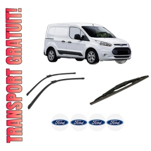Set 3 stergatoare FORD TRANSIT CONNECT MPV din 2013-2018, pentru parbriz si luneta fata si spate auto, Bosch Twin-Aerotwin, din cauciuc siliconat rezistent, 4 Stickere Auto FORD