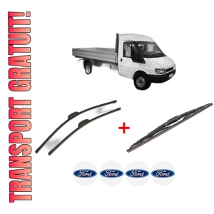 Set 3 stergatoare FORD TRANSIT Platform/Chassis (FM_ _, FN_ _) din 2000 - 2006, pentru parbriz si luneta fata si spate auto, Bosch Twin, din cauciuc siliconat rezistent, 4 Stickere Auto FORD