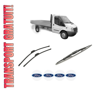 Set 3 stergatoare FORD TRANSIT Platform/Chassis (FM_ _, FN_ _, FF_ _) din 2006-2014, pentru parbriz si luneta fata si spate auto, Bosch Twin-Aerotwin Retrofit, din cauciuc siliconat rezistent, 4 Stickere Auto FORD