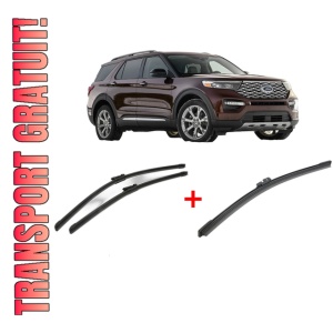 Set 3 stergatoare FORD USA EXPLORER (U6_) din 2019, pentru parbriz si luneta fata si spate auto, Bosch Aerotwin, din cauciuc siliconat rezistent, 4 Stickere Auto FORD USA