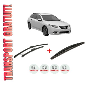 Set 3 stergatoare HONDA ACCORD VII Tourer (CM, CN) din 2003 - 2008, pentru parbriz si luneta fata si spate auto, Bosch Twin, din cauciuc siliconat rezistent, 4 Stickere Auto HONDA