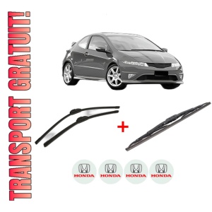 Set 3 stergatoare HONDA CIVIC VIII Hatchback (FN, FK) din 2005 - 2012, pentru parbriz si luneta fata si spate auto, Bosch Twin, din cauciuc siliconat rezistent, 4 Stickere Auto HONDA