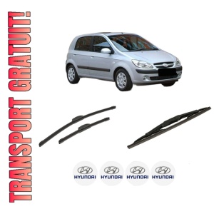 Set 3 stergatoare HYUNDAI GETZ (TB) din 2002-2010, pentru parbriz si luneta fata si spate auto, Bosch Twin-Aerotwin Retrofit, din cauciuc siliconat rezistent, 4 Stickere Auto HYUNDAI