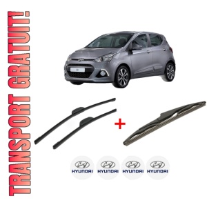 Set 3 stergatoare HYUNDAI i10 II (BA, IA) din 2013 - 2019, pentru parbriz si luneta fata si spate auto, Bosch Twin, din cauciuc siliconat rezistent, 4 Stickere Auto HYUNDAI