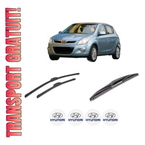 Set 3 stergatoare HYUNDAI i20 I (PB, PBT) din 2008-2015, pentru parbriz si luneta fata si spate auto, Bosch Twin-Aerotwin Retrofit, din cauciuc siliconat rezistent, 4 Stickere Auto HYUNDAI