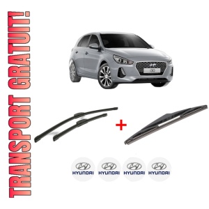 Set 3 stergatoare HYUNDAI i30 Hatchback Van (PDE) din 2016 - 2020, pentru parbriz si luneta fata si spate auto, Bosch Twin, din cauciuc siliconat rezistent, 4 Stickere Auto HYUNDAI
