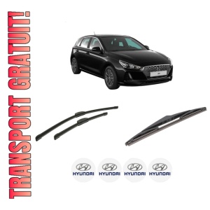 Set 3 stergatoare HYUNDAI i30 (PDE, PD, PDEN) din 2016-2024, pentru parbriz si luneta fata si spate auto, Bosch Twin-Aerotwin Retrofit, din cauciuc siliconat rezistent, 4 Stickere Auto HYUNDAI