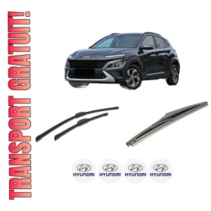 Set 3 stergatoare HYUNDAI KONA SUV Van (OS, OSE, OSI) din 2017-2019, pentru parbriz si luneta fata si spate auto, Bosch Twin-Aerotwin Retrofit, din cauciuc siliconat rezistent, 4 Stickere Auto HYUNDAI