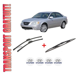 Set 3 stergatoare HYUNDAI SONATA V (NF) din 2005 - 2010, pentru parbriz si luneta fata si spate auto, Bosch Twin, din cauciuc siliconat rezistent, 4 Stickere Auto HYUNDAI