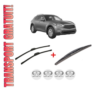 Set 3 stergatoare INFINITI QX70 din 2013, pentru parbriz si luneta fata si spate auto, Bosch Twin, din cauciuc siliconat rezistent, 4 Stickere Auto INFINITI