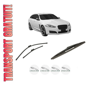 Set 3 stergatoare JAGUAR XF SPORTBRAKE (X260) din 2017-2020, pentru parbriz si luneta fata si spate auto, Bosch Twin-Aerotwin, din cauciuc siliconat rezistent, 4 Stickere Auto JAGUAR