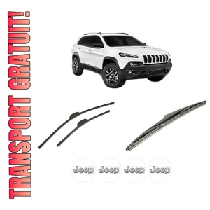 Set 3 stergatoare JEEP CHEROKEE VAN (KL) din 2014-2018, pentru parbriz si luneta fata si spate auto, Bosch Twin-Aerotwin Retrofit, din cauciuc siliconat rezistent, 4 Stickere Auto JEEP