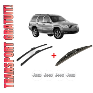 Set 3 stergatoare JEEP GRAND CHEROKEE II (WJ, WG) din 1998 - 2005, pentru parbriz si luneta fata si spate auto, Bosch Twin, din cauciuc siliconat rezistent, 4 Stickere Auto JEEP