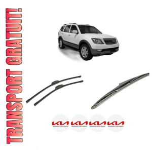 Set 3 stergatoare KIA BORREGO (HM) din 2007, pentru parbriz si luneta fata si spate auto, Bosch Twin-Aerotwin Retrofit, din cauciuc siliconat rezistent, 4 Stickere Auto KIA