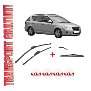 Set 3 stergatoare KIA CEE'D SW (ED) din 2007 - 2012, pentru parbriz si luneta fata si spate auto, Valeo Silencio, din cauciuc siliconat rezistent, 4 Stickere Auto KIA