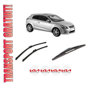 Set 3 stergatoare KIA PRO CEE'D (ED) din 2008-2013, pentru parbriz si luneta fata si spate auto, Bosch Twin-Aerotwin, din cauciuc siliconat rezistent, 4 Stickere Auto KIA
