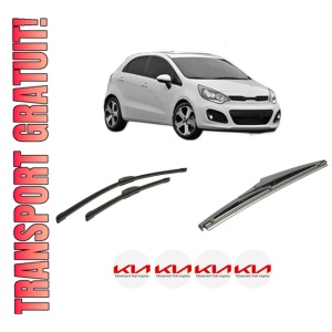 Set 3 stergatoare KIA RIO III (UB) din 2011-2017, pentru parbriz si luneta fata si spate auto, Bosch Twin-Aerotwin Retrofit, din cauciuc siliconat rezistent, 4 Stickere Auto KIA