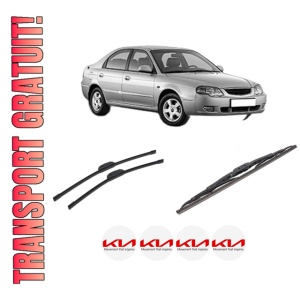 Set 3 stergatoare KIA SHUMA II Saloon (FB) din 2001-2004, pentru parbriz si luneta fata si spate auto, Bosch Twin-Aerotwin Retrofit, din cauciuc siliconat rezistent, 4 Stickere Auto KIA