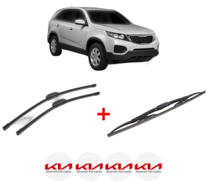 Set 3 stergatoare KIA SORENTO II SUV Van (XM) din 2009 - 2015, pentru parbriz si luneta fata si spate auto, Bosch Twin, din cauciuc siliconat rezistent, 4 Stickere Auto KIA v9371