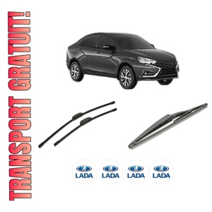 Set 3 stergatoare LADA VESTA (GFL_) din 2015-2023, pentru parbriz si luneta fata si spate auto, Bosch Twin-Aerotwin Retrofit, din cauciuc siliconat rezistent, 4 Stickere Auto LADA