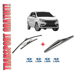 Set 3 stergatoare LADA XRAY (GAB_) din 2016, pentru parbriz si luneta fata si spate auto, Bosch Twin, din cauciuc siliconat rezistent, 4 Stickere Auto LADA