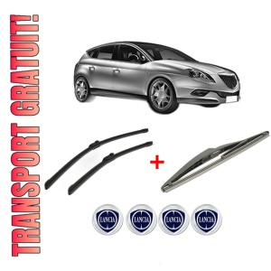 Set 3 stergatoare LANCIA DELTA III (844_) din 2008 - 2014, pentru parbriz si luneta fata si spate auto, Bosch Twin, din cauciuc siliconat rezistent, 4 Stickere Auto LANCIA